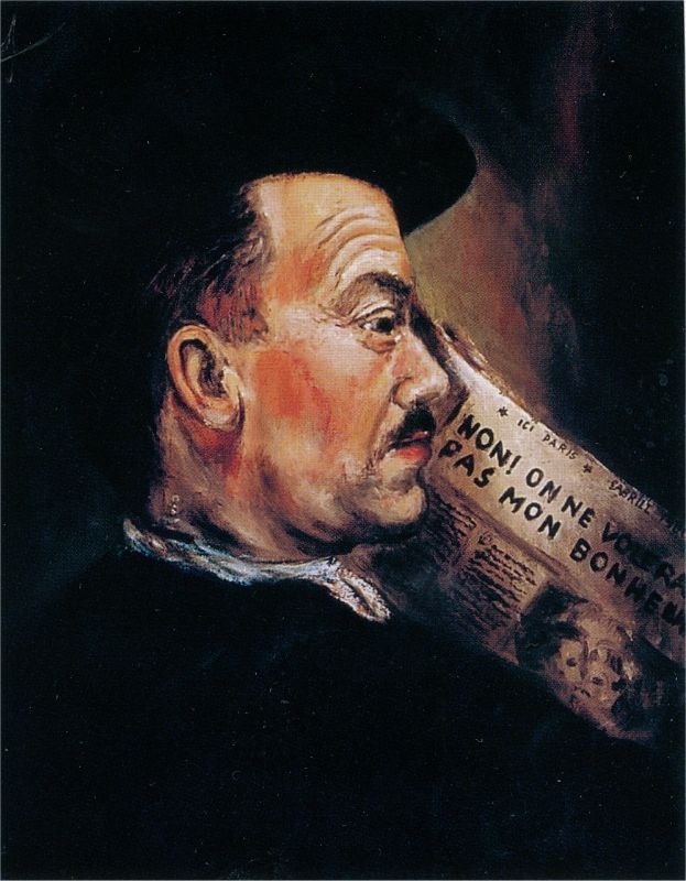 Portrait du père de Gabriël Sterk peint par l'artiste à seize ans. Sur le journal, on peut lire : "Non ! On ne volera pas mon bonheur."